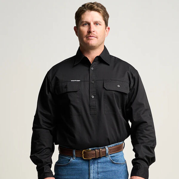 KILCOY | Mens Half Button Long Sleeve Work Shirt - Black Thumbnail